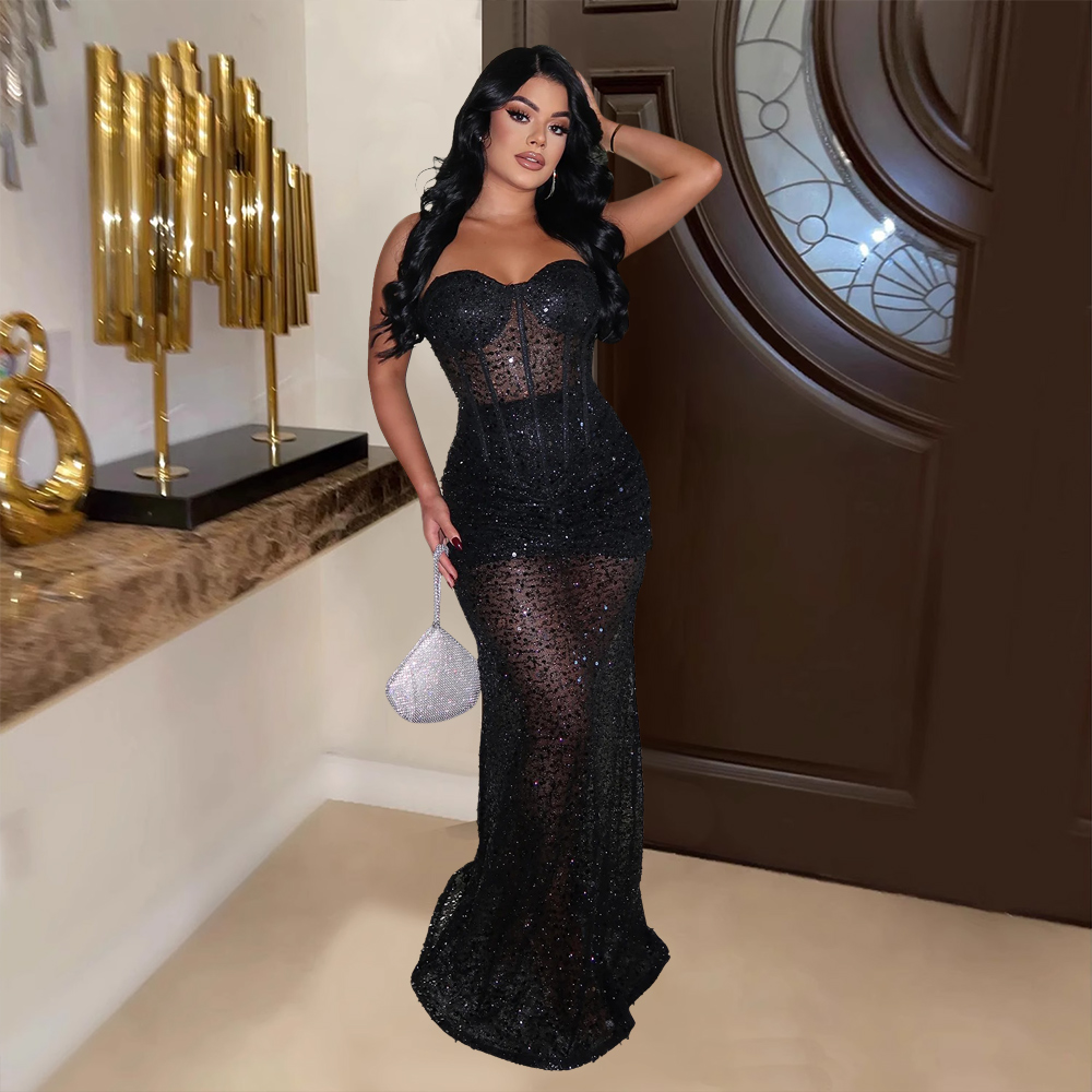 slim fit dress slacks Women's Darsih Maxi Dress in Sequin Mesh Black, XS Black main image 0