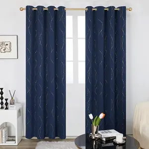 High Quality Navy Blue And Gold Blackout Curtain With Pattern Grommet The Living Room Darkening Curtains Drapes