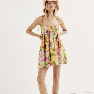 Arc froncé soutien-gorge <span class=keywords><strong>Corset</strong></span> Style fleur imprimé Spaghetti sangle Mini Robe femmes dos nu patineur laç<span class=keywords><strong>age</strong></span> fronde Robe vacances - Product Image 1