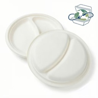 Barquettes alimentaires jetables en pulpe de bagasse de canne à sucre biodégradable, rondes, à 2 compartiments, pour plats à emporter