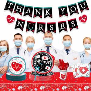 24-Piece Modern Hot Selling Nurse Graduation Party Tableware Set Includes Plates Napkins Cups <b>Tablecloths</b> Hats Congrats - Product Image 1