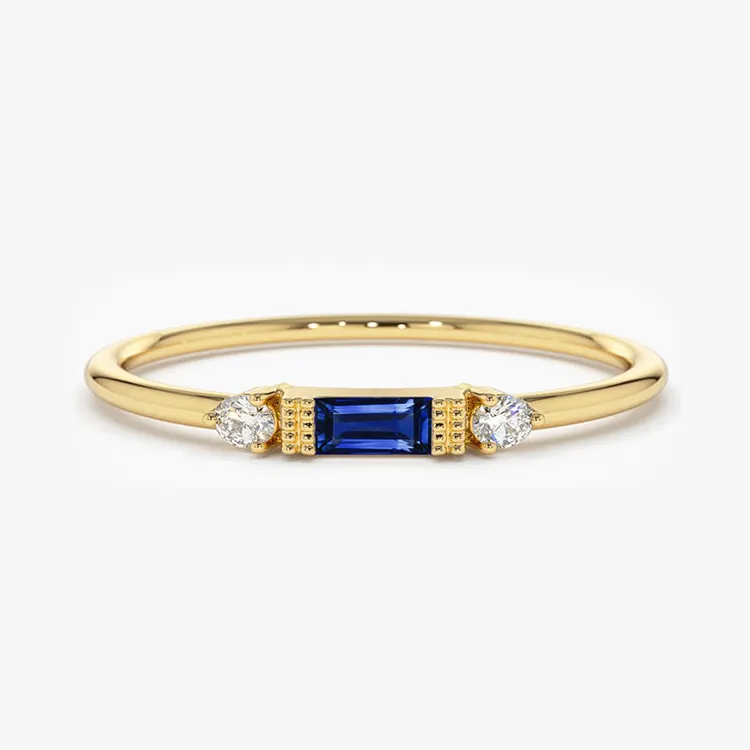 VLOVE गहने ताजा और प्यारा लड़की श्रृंखला 14k Baguette के साथ ब्लू नीलम हीरे की अंगूठी