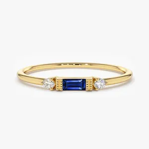 VLOVE Jewelry Fresh and Cute Girl Series 14k Baguette Blue Sapphire with Diamond Ring