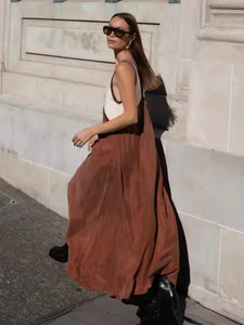 Vestido de gasa sin mangas con cuello en V hasta el suelo con patrón sólido Cintura natural Método tejido a juego - Product Image 3