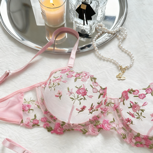 US Hot Sale Frauen Pink Erotic Verführer ische Transparente Dessous Sexy Unterwäsche Spitze Semi Temptation Stickerei Dünnes BH-Set - Product Image 3