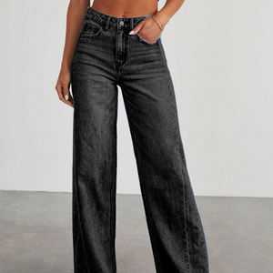 Jeans pour femmes en gros, décontractés, sexy, coupe ample à jambe large, avec coutures latérales et ourlet structuré, taille mi-haute, style Europe et États-Unis - Product Image 3