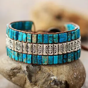 Pulseira de miçangas artesanais retrô, bracelete envoltório de miçangas, pedra jasper, turquesa, imperdível