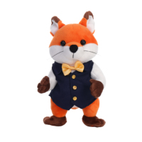 Peluche renard avec gilet bleu marine et nœud papillon jaune, logo personnalisé, mascotte d'entreprise, poupée renard en peluche, souvenir d'hôtel, cadeau d'entreprise