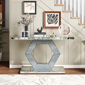 Hexagon Mirror Entryway <b>Console</b> <b>Table</b> With Diamond <b>Glass</b> Effects Dual Tier Luxury Foyer Decor - Product Image 5