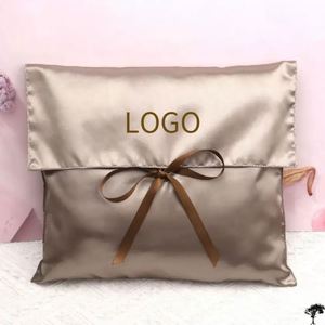Pochette en satin personnalisée avec logo, sac à poussière avec nœud en ruban, pochette en soie de luxe, emballage cadeau pour vêtements - Product Image 2