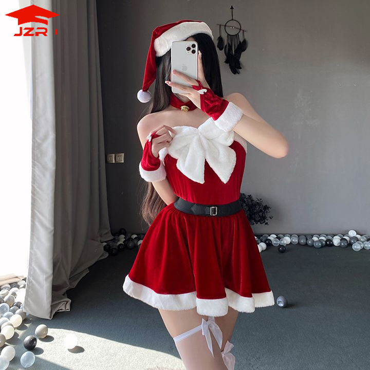 Christmas Dress Female Sense Christmas Show Costume Red Bowdress Flannel Halloween Santa Cosplay Holiday Party Kawaii Costume