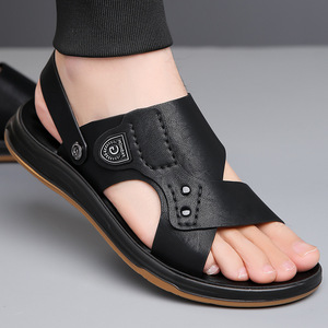 Sandales à bride en T pour hommes, en cuir véritable, à bout ouvert, semelle en caoutchouc antidérapante, logo embossé, chaussures décontractées d'été - Product Image 4
