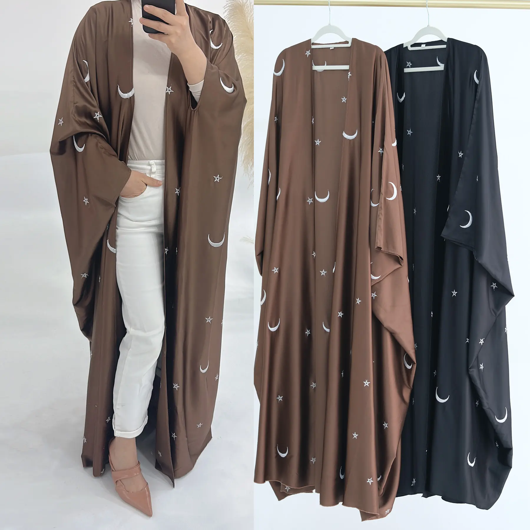 2024 Customized Abaya Girls Clothing Kimono Muslim Women Dress Deluxe Moon Embroidered Sleeve Satin Knot Block Open Abaya