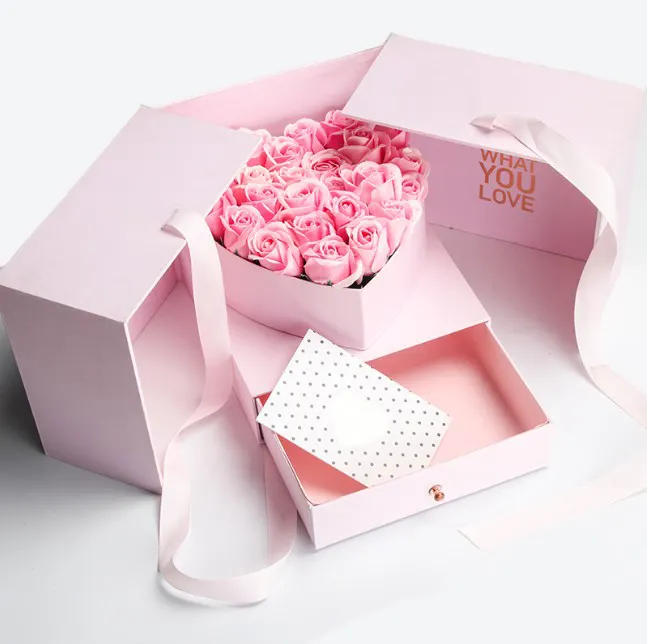 Luxury Printing Custom Design Cardboard Cake And Flowers surprise Heart Shape Packaging Gift flower Box