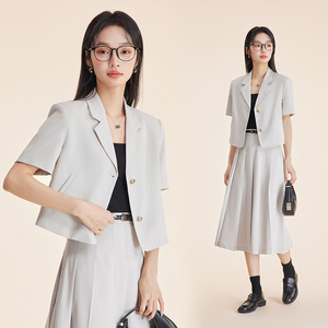 Women's Black Short <b>Blazer</b> Suit <b>Set</b> Solid Color Polyester Breathable Casual Wear - Product Image 3