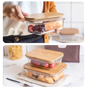 4 cái lò vi sóng an toàn thực phẩm thủy tinh <span class=keywords><strong>container</strong></span> với nắp tre kín kính ăn trưa Box Set - Product Image 6