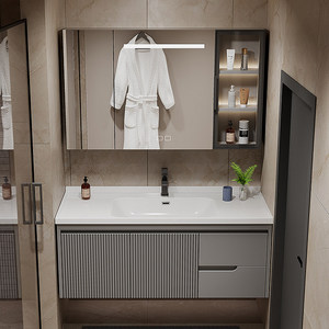 Modern Oak Lacquered Ceramic Integrated Basin Smart <b>Lighting</b> Mirror Wall-Mounted Bathroom <b>Vanity</b> - Product Image 3