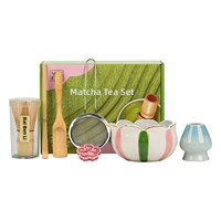Bol à matcha de style nordique, peint à la main, bleu et blanc, à motifs floraux et papillons, avec fouet à matcha en céramique, ensemble de 7 pièces