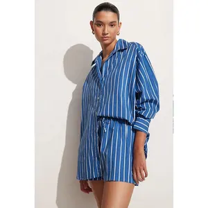 Women stripe print blue relaxed oversized fit with full length sleeves buttons at the front shirt blouse matching shorts set
