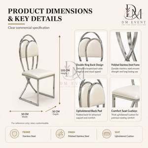 Chaise de réception de mariage en acier inoxydable argenté à double arche avec coussin blanc pour salles de banquet – Vente en gros de sièges - Product Image 5