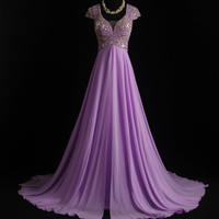 Robe de bal élégante et luxueuse en mousseline de soie lilas, à manches courtes, col en V, coupe trapèze, avec appliques florales en strass et traîne chapelle