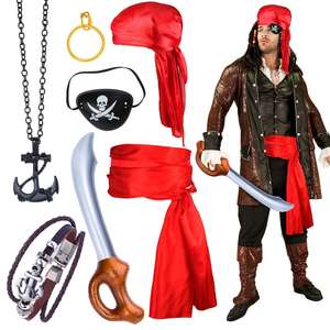 Accessoires de fête d'Halloween : Foulard rouge, ceinture, cache-œil, épée jouet, collier, boucles d'oreilles – Ensembles d'accessoires de costume de pirate pour adultes - Product Image 3