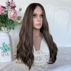 Vendita Calda in Israele Parrucche con Frontale in Pizzo <span class=keywords><strong>e</strong></span> Top in Seta 100% Capelli Umani Vergini Marroni con Riflessi Naturali Ondulati - Product Image 1