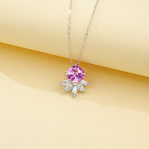 Cushion Cut Lab Pink Sapphire Floral Halo Sterling Silver Necklace Jewelry <b>Gift</b>-V - Product Image 2