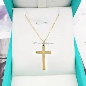 Meilleure vente, collier classique uni 9K 10K 14K en or massif véritable, pendentif croix, bijoux pour chrétien