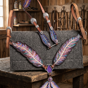 Magnifique ensemble de sellerie anglaise personnalisable en cuir véritable, peint à la main, en forme de plume, comprenant une têtière et une sangle de poitrine souples - Product Image 3