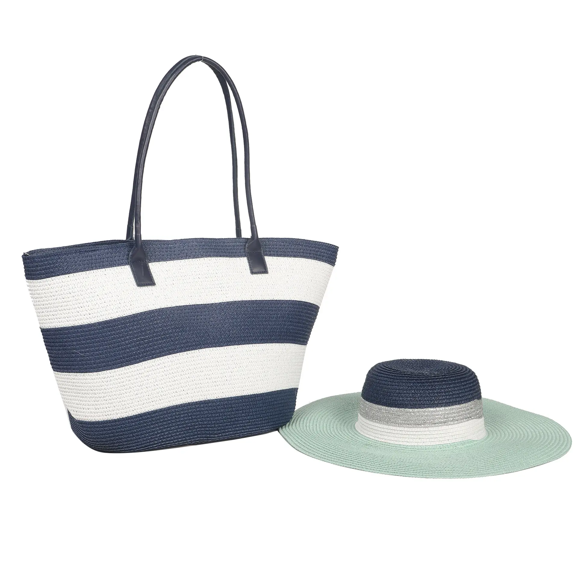 SY Hot Vintage Straw Woven Handbags And Matching Color Straw Hat Ladies Stripe Large Beach Bag Hat Set