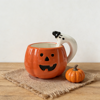 Nouvelle Tasse à Café en Céramique Citrouille Halloween 2026 avec Poignée Fantôme 3D - Design Jack-O'-Lantern, Vaisselle d'Automne Compatible Lave-Vaisselle et Micro-ondes