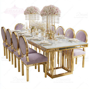 Mesa de Comedor de Acero Inoxidable de Estilo Moderno con Cubierta de Vidrio para Uso en Exteriores, Hoteles, Bodas y Eventos - Product Image 1