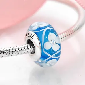 Cuentas de cristal de Murano azul marino para pulsera de mujer, de Plata de Ley 925 auténtica, abalorios ondulados, fabricación de joyería