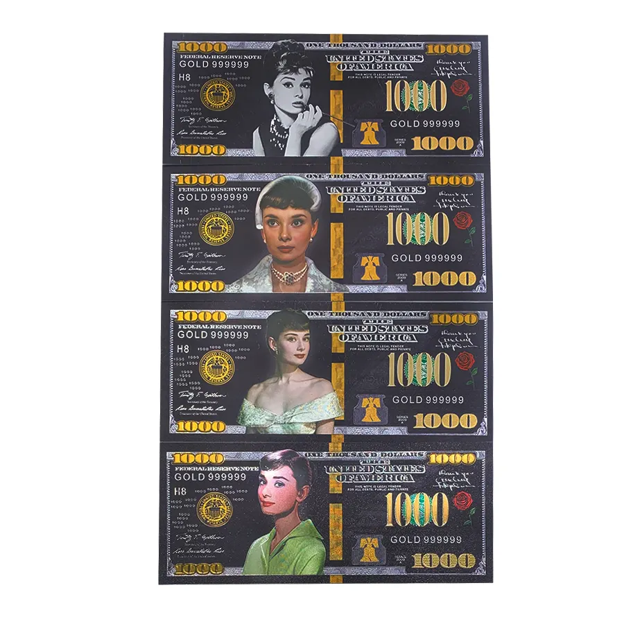 Audrey Hepburn Celebrity Postkaart Bank Notes Black Gold Banknotes1000 Dollar Folie Bill Bankbiljet Prop Geld Herdenkingsmunt Kaarten