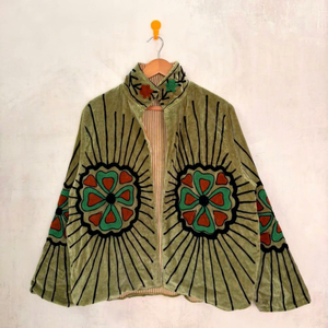 Bohemian Khaki <b>Velvet</b> Embroidered Suzani Jacket with Floral Pattern Full Sleeve Stand Collar Handmade <b>Women's</b> Autumn <b>Coat</b> - Product Image 1