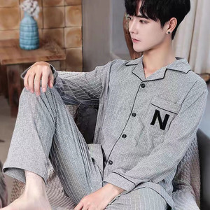 Ensemble de pyjamas en coton pour hommes, printemps-automne, vêtements de nuit imprimés à revers et à manches longues pour hommes, vêtements de <span class=keywords><strong>d</strong></span>étente confortables - Product Image 3