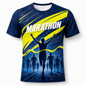 Jersey Lari Marathon Kuning Navy Custom, Cetak Digital, Cepat Kering, Bernapas, Kaos Olahraga Lari Swoosh untuk Pria - Product Image 1