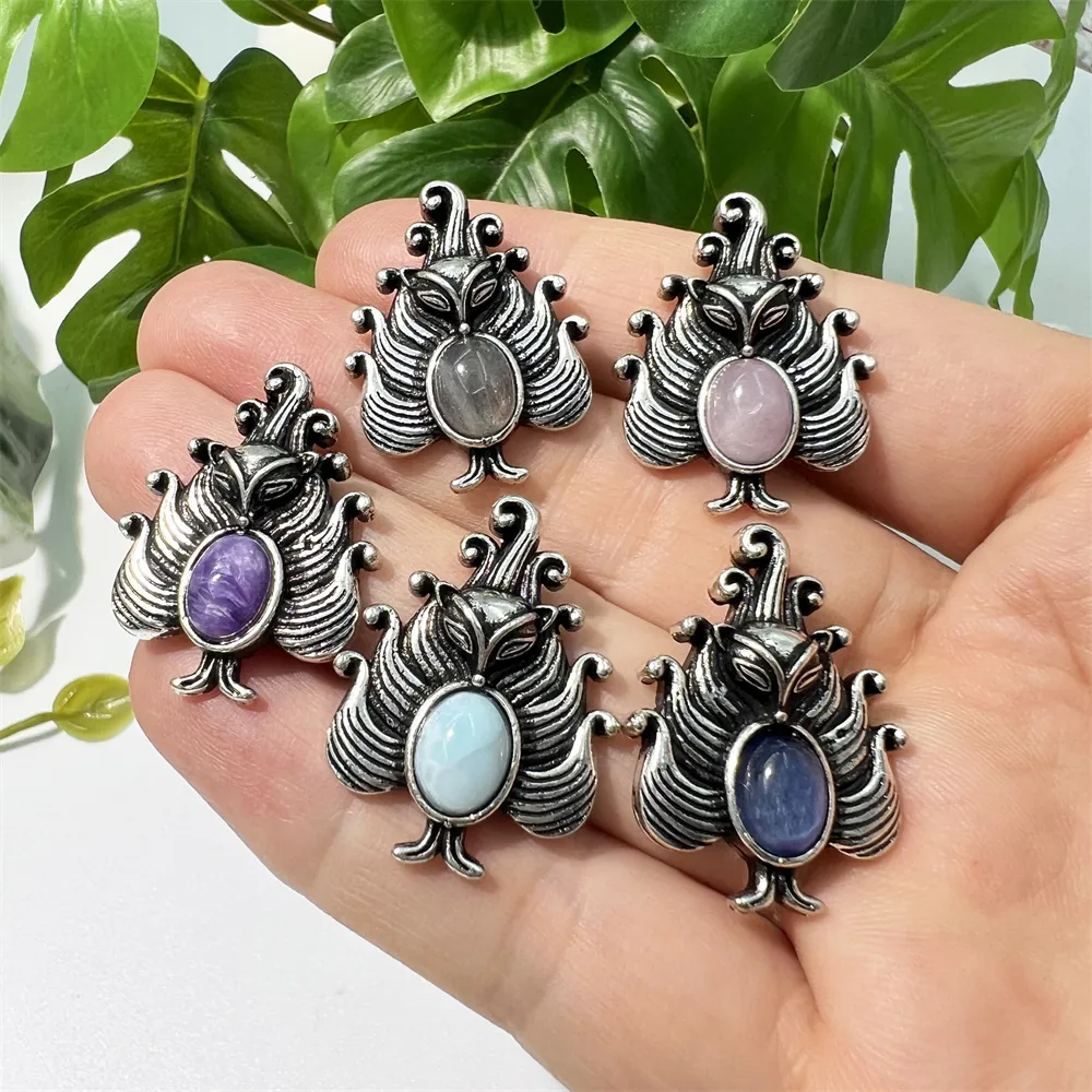 2023 Newest Design Natural Stone Jewelry Nine-tailed Fox Pendant Silver Plated Charms With Natural Pietersite Rose Kunzite Gems