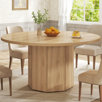Ensemble de table à manger en bois sur mesure, 4 places, chêne, piédestal rond, chaises en rotin, finition naturelle, fabricant de meubles modernes pour villa