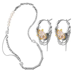 冷风独特拼接锁骨链珍珠锆石爱心造型项链链宝石耳扣定制