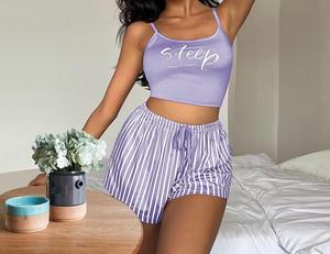 Annshine – Pyjama suspendu pour femme, motif rayé et lettres, en soie de lait, ensemble décontracté imprimé lettres – Ventes flash - Product Image 5