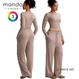 Ensemble de vêtements de <span class=keywords><strong>sport</strong></span> décontractés en polyester de haute qualité T-<span class=keywords><strong>shirt</strong></span> à manches longues et pantalon ample avec poches pour femmes - Product Image 1