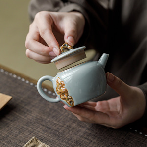 Guanlan Sky Blue Ru Kiln Relief Teapot Porcelain Round With Lid Kung Fu <b>Tea</b> <b>Set</b> - Product Image 2