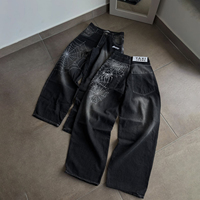 Jeans amples personnalisés OEM avec imprimé toile d'araignée vintage brodé, denim noir délavé, pantalon à jambes larges pour hommes