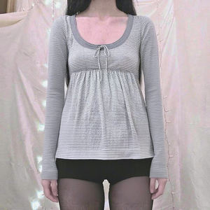 Sexy Low-Cut Button-Detail Striped A-Line <b>Long</b> Sleeve <b>T</b>-<b>Shirt</b> <b>Women</b> Sweet Basic Knit Top <b>for</b> Autumn Winter - Product Image 1