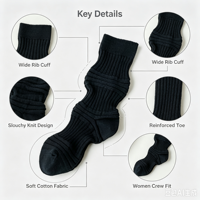 Chaussettes en coton côtelées noires décontractées pour femmes, multi-usages, mi-mollet, style empilé, personnalisables OEM avec logo couleur