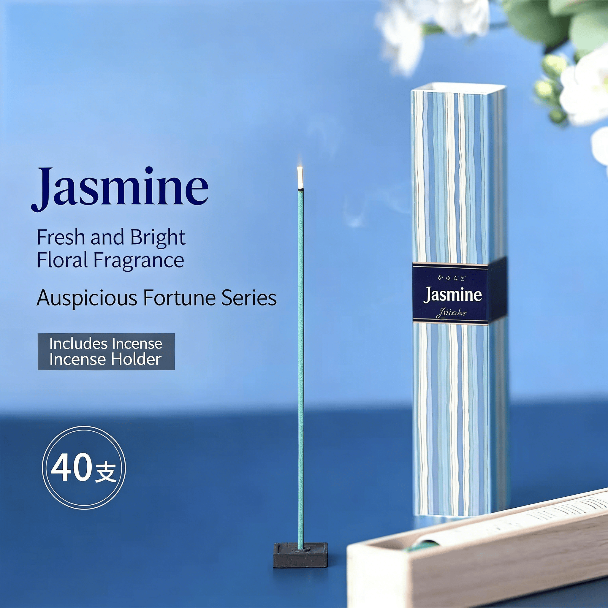 Boîte complète de 40 bâtonnets parfumés au jasmin.