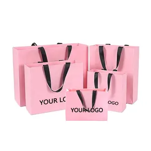 Custom Luxe Kleding Retail Zak Verpakking Roze Gift Bag Bolsas De Papel Winkelen Verpakking Papieren Zakken Met Handvatten Voor Kleding