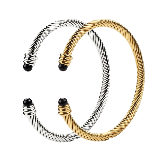 Custom Jewelry Cuff Bracelet Bangle 5mm Stainless Steel 18K Gold Plated Twisted Cable Adjustable Natural Stone Bracelet Unisex